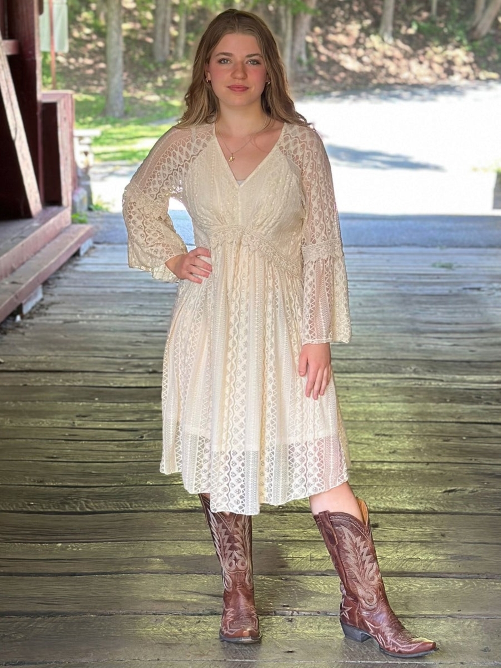 Ivory Lace Midi Dress with V-Neck-NWOT
